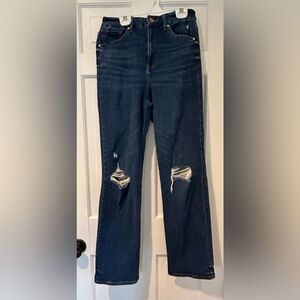 Express Dark Blue Distressed Straight Leg Jeans. 28” inseam